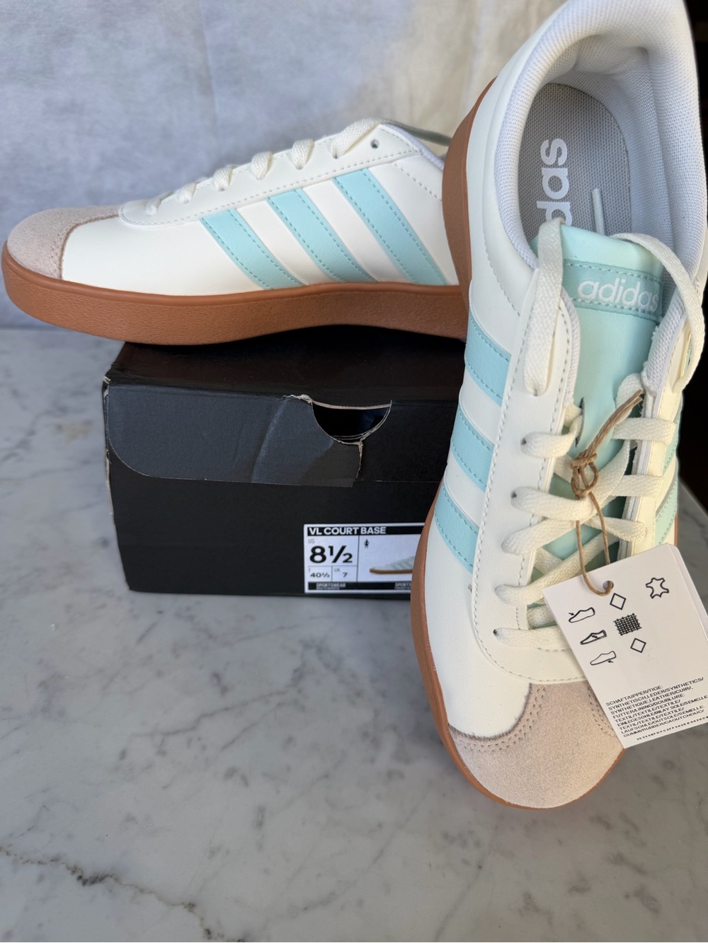 adidas VL Court Base Sneakers in White, Light Blue (Tiffany Blue) & Gum